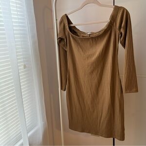 Guess Ribbed Off Shoulder Mini Dress Camel Tan Brown Bodycon Stretch Size L